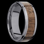 8 mm wide/Flat Grooved Edges/Tantalum band with one 5 mm Centered inlay of Walnut.