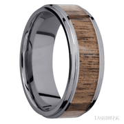 8 mm wide/Flat Grooved Edges/Tantalum band with one 5 mm Centered inlay of Walnut.