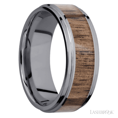 8 mm wide/Flat Grooved Edges/Tantalum band with one 5 mm Centered inlay of Walnut.