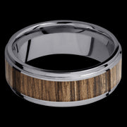 8 mm wide/Flat Grooved Edges/Tantalum band with one 5 mm Centered inlay of Walnut.