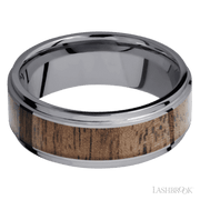 8 mm wide/Flat Grooved Edges/Tantalum band with one 5 mm Centered inlay of Walnut.
