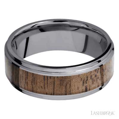 8 mm wide/Flat Grooved Edges/Tantalum band with one 5 mm Centered inlay of Walnut.