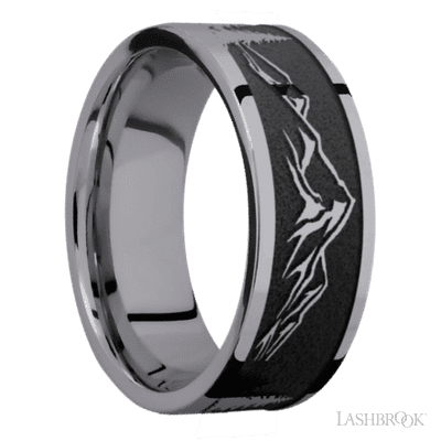 8 mm wide/Flat/Tantalum band with a laser carved Mountain 2 pattern.