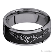 8 mm wide/Flat/Tantalum band with a laser carved Mountain 2 pattern.
