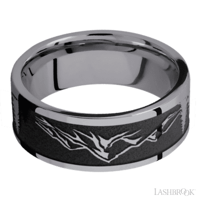 8 mm wide/Flat/Tantalum band with a laser carved Mountain 2 pattern.