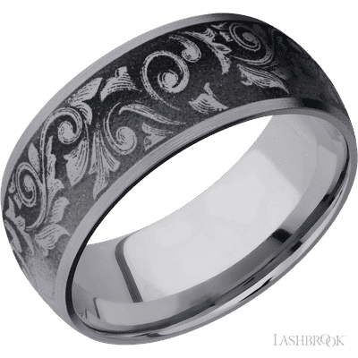 9 mm wide/Domed/Tantalum band with a laser carved Western Scroll pattern.