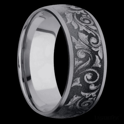 9 mm wide/Domed/Tantalum band with a laser carved Western Scroll pattern.