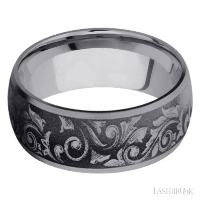 9 mm wide/Domed/Tantalum band with a laser carved Western Scroll pattern.