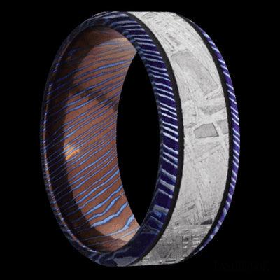 8 mm wide/Beveled/Titanium Damascus band with one 5 mm Centered inlay of Meteorite.