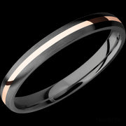 3 mm wide/Domed/Zirconium band with one 1 mm Centered inlay of 14K Rose Gold.