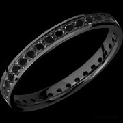 3 mm wide/Flat/Zirconium band with an Eternity arrangement of .03 carat Round Black Diamond stones in a Bead setting.