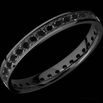 3 mm wide/Flat/Zirconium band with an Eternity arrangement of .03 carat Round Black Diamond stones in a Bead setting.