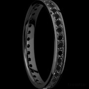 3 mm wide/Flat/Zirconium band with an Eternity arrangement of .03 carat Round Black Diamond stones in a Bead setting.