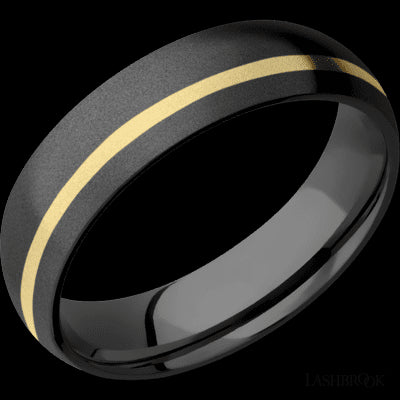 6 mm wide/Domed/Zirconium band with one 1 mm Off Center inlay of 14K Yellow Gold.