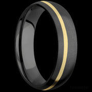 6 mm wide/Domed/Zirconium band with one 1 mm Off Center inlay of 14K Yellow Gold.