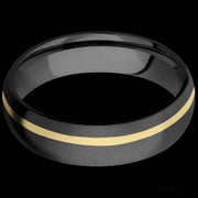 6 mm wide/Domed/Zirconium band with one 1 mm Off Center inlay of 14K Yellow Gold.