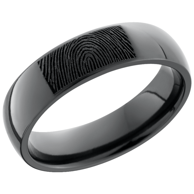 Zirconium 6mm domed band with a laser-carved fingerprint