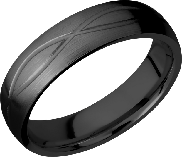 Zirconium 6mm domed band with a laser-carved infinity pattern
