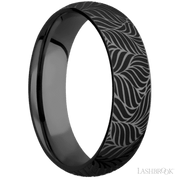 6 mm wide/Domed/Zirconium band with a laser carved Twisted Leaf pattern.