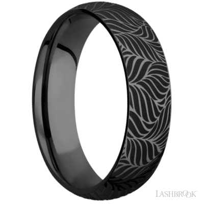 6 mm wide/Domed/Zirconium band with a laser carved Twisted Leaf pattern.
