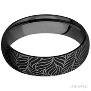 6 mm wide/Domed/Zirconium band with a laser carved Twisted Leaf pattern.