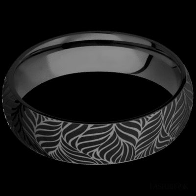 6 mm wide/Domed/Zirconium band with a laser carved Twisted Leaf pattern.