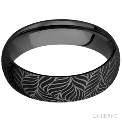 6 mm wide/Domed/Zirconium band with a laser carved Twisted Leaf pattern.