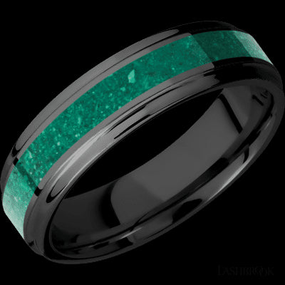 6 mm wide/Flat Grooved Edges/Zirconium band with one 3 mm Centered inlay of Malachite.