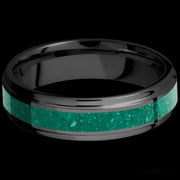 6 mm wide/Flat Grooved Edges/Zirconium band with one 3 mm Centered inlay of Malachite.