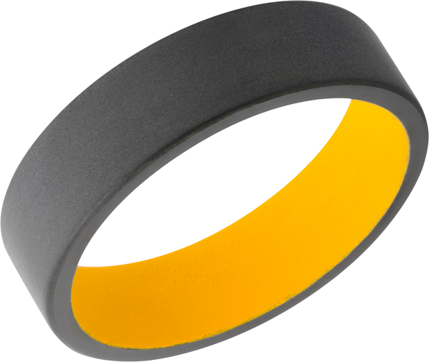 Zirconium 6mm flat band with slightly rounded edges and a Dewalt Yellow Cerakote sleeve