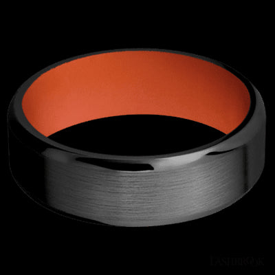 7 mm wide Beveled Zirconium band featuring a Hunter Orange sleeve.