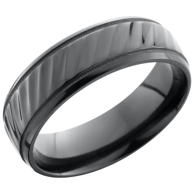 Zirconium 7mm beveled band with reverse milgrain detail and a laser-carved stripe pattern