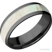 7 mm wide/Domed/Zirconium band with one 4 mm Centered inlay of Freshwater Mother of Pearl.