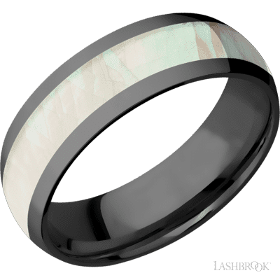 7 mm wide/Domed/Zirconium band with one 4 mm Centered inlay of Freshwater Mother of Pearl.