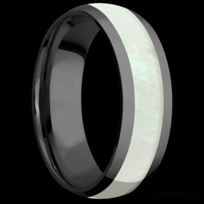 7 mm wide/Domed/Zirconium band with one 4 mm Centered inlay of Freshwater Mother of Pearl.