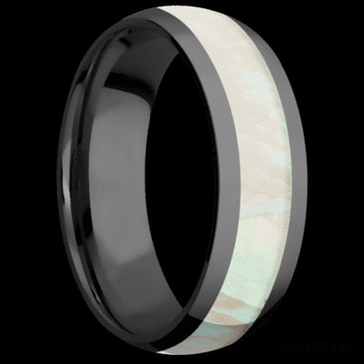 7 mm wide/Domed/Zirconium band with one 4 mm Centered inlay of Freshwater Mother of Pearl.