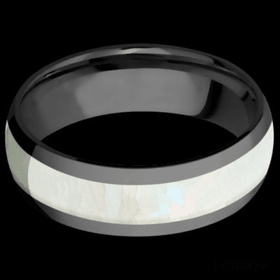 7 mm wide/Domed/Zirconium band with one 4 mm Centered inlay of Freshwater Mother of Pearl.