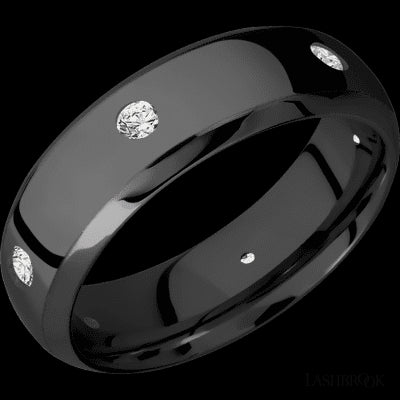 7 mm wide/Domed Bevel/Zirconium band with a 6X Even arrangement of .07 carat Round Diamond stones in a Flush setting.