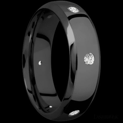 7 mm wide/Domed Bevel/Zirconium band with a 6X Even arrangement of .07 carat Round Diamond stones in a Flush setting.