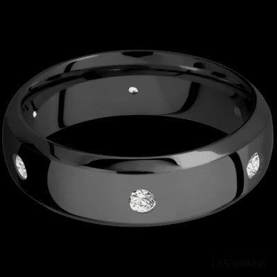 7 mm wide/Domed Bevel/Zirconium band with a 6X Even arrangement of .07 carat Round Diamond stones in a Flush setting.