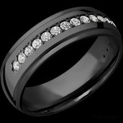 7 mm wide/Domed Stepped Down Edges/Zirconium band with a Half Eternity arrangement of .03 carat Round Diamond stones in a Bead setting.