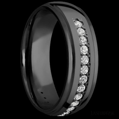 7 mm wide/Domed Stepped Down Edges/Zirconium band with a Half Eternity arrangement of .03 carat Round Diamond stones in a Bead setting.