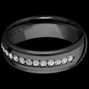 7 mm wide/Domed Stepped Down Edges/Zirconium band with a Half Eternity arrangement of .03 carat Round Diamond stones in a Bead setting.