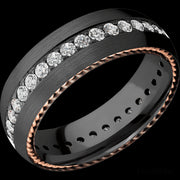 7 mm wide/Domed/Zirconium band with  two 1 mm Sidebraid inlays of 14K Rose Gold and featuring an Eternity arrangement of .03 carat Round Lab Grown Diamond stones in a Bead setting