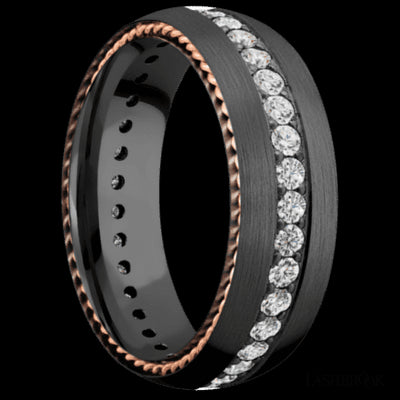 7 mm wide/Domed/Zirconium band with  two 1 mm Sidebraid inlays of 14K Rose Gold and featuring an Eternity arrangement of .03 carat Round Lab Grown Diamond stones in a Bead setting