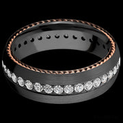 7 mm wide/Domed/Zirconium band with  two 1 mm Sidebraid inlays of 14K Rose Gold and featuring an Eternity arrangement of .03 carat Round Lab Grown Diamond stones in a Bead setting