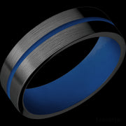 7 mm wide/Flat/Zirconium band with one 1 mm Centered inlay of Royal Blue also featuring a Royal Blue sleeve.