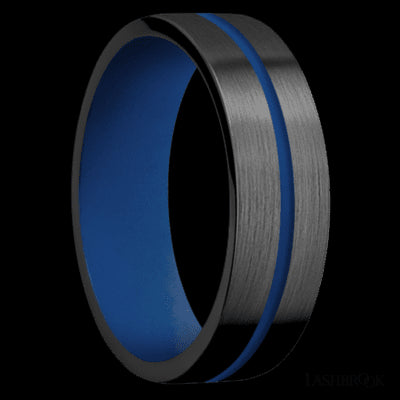 7 mm wide/Flat/Zirconium band with one 1 mm Centered inlay of Royal Blue also featuring a Royal Blue sleeve.