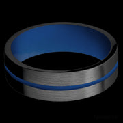 7 mm wide/Flat/Zirconium band with one 1 mm Centered inlay of Royal Blue also featuring a Royal Blue sleeve.