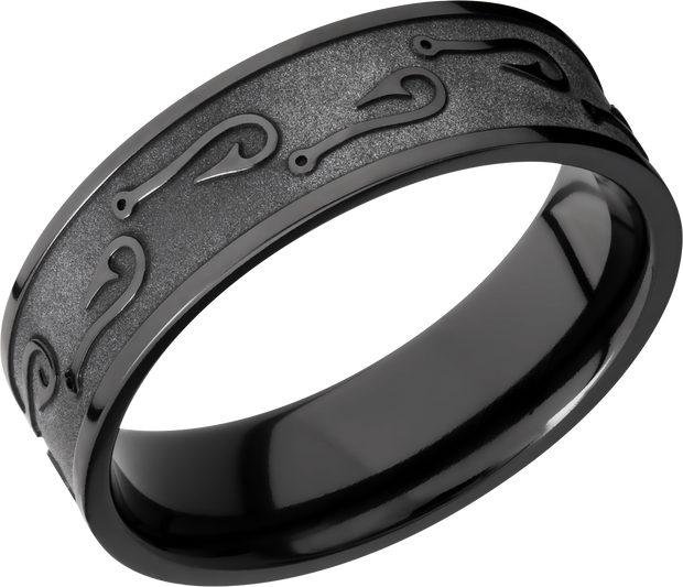 Zirconium 7mm flat band with a laser-carved fishhook pattern